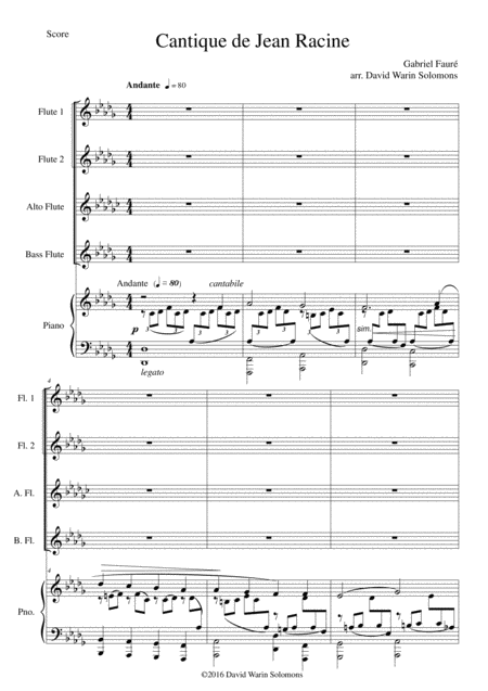 Cantique De Jean Racine For Flute Quartet 2 Flutes Alto Flute And Bass Flute And Piano Sheet Music