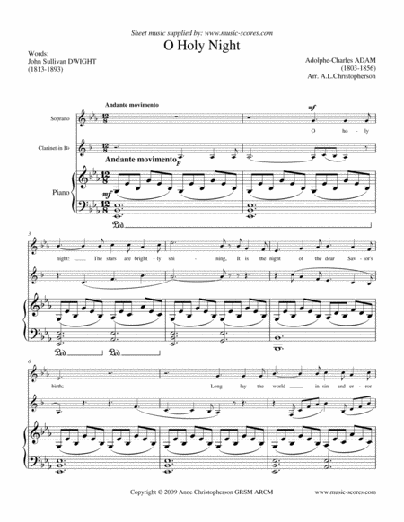Free Sheet Music Cantique De Noel O Holy Night Voice Clarinet And Piano