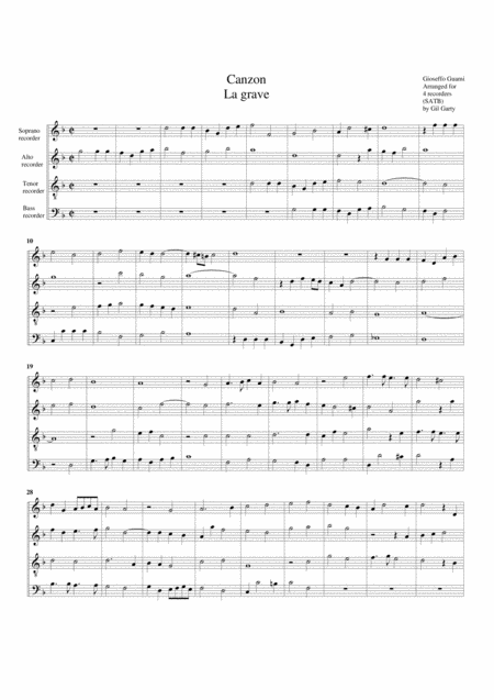 Free Sheet Music Canzon La Grave Arrangement For 4 Recorders