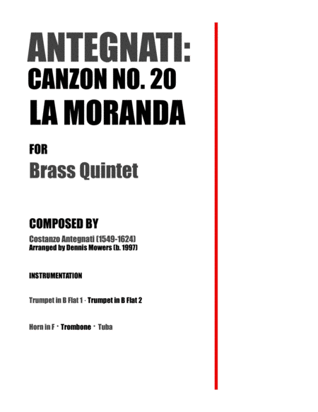 Free Sheet Music Canzon No 20 La Moranda For Brass Quintet Costanzo Antegnati