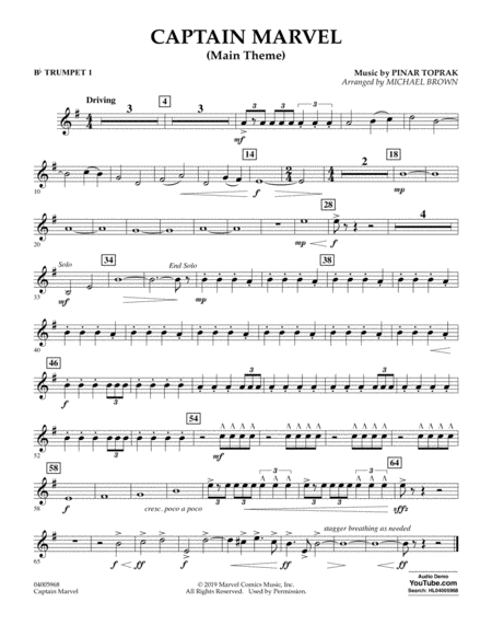 Captain Marvel Main Theme Arr Michael Brown Bb Trumpet 1 Sheet Music