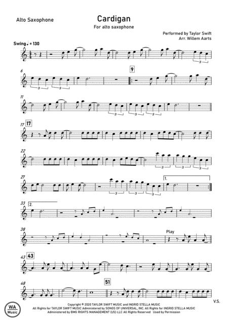 Cardigan By Taylor Swift Alto Saxophone Sheet Music