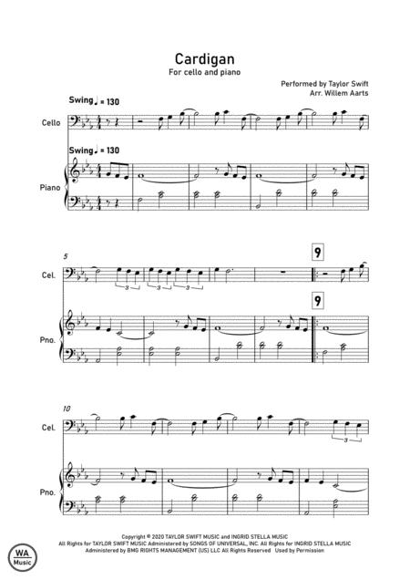 Cardigan By Taylor Swift Cello And Piano Sheet Music