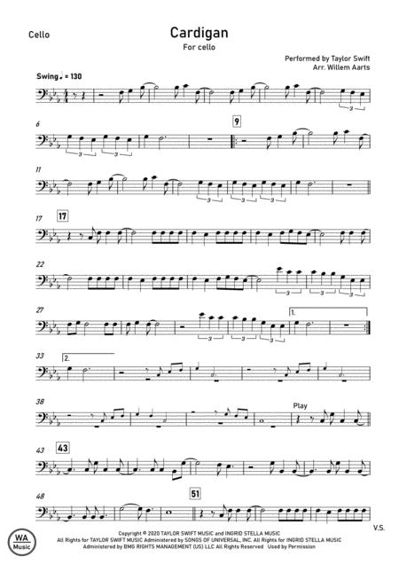 Cardigan By Taylor Swift Cello Sheet Music