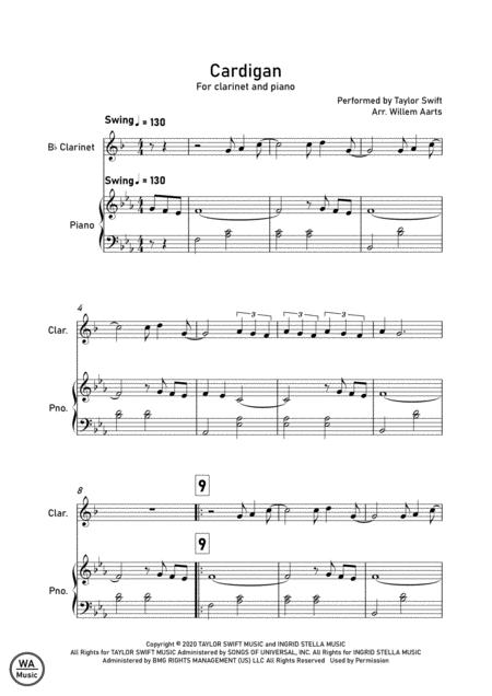 Cardigan By Taylor Swift Clarinet And Piano Sheet Music