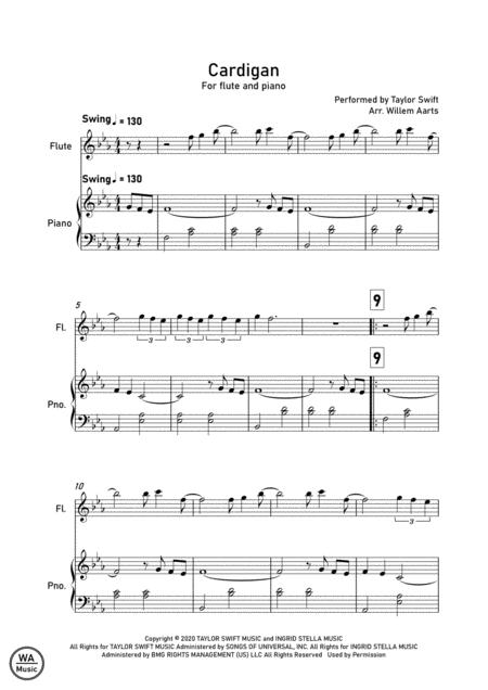 Cardigan By Taylor Swift Flute And Piano Sheet Music