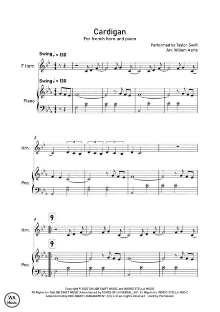 Cardigan By Taylor Swift French Horn And Piano Sheet Music