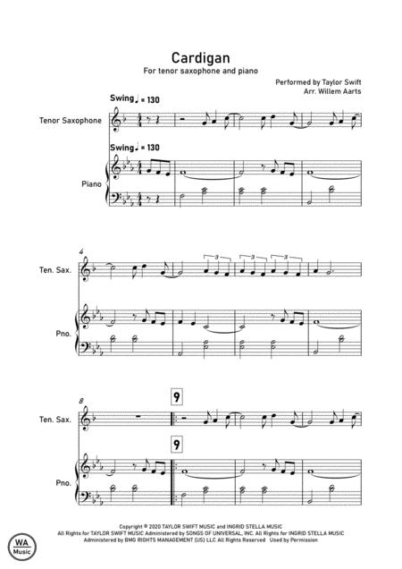 Cardigan By Taylor Swift Tenor Saxophone And Piano Sheet Music