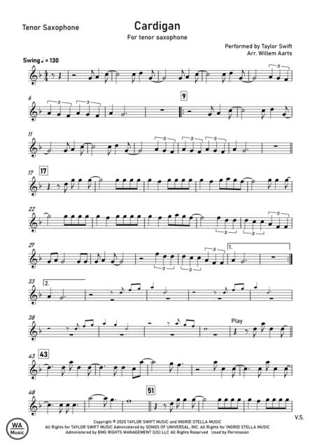 Cardigan By Taylor Swift Tenor Saxophone Sheet Music