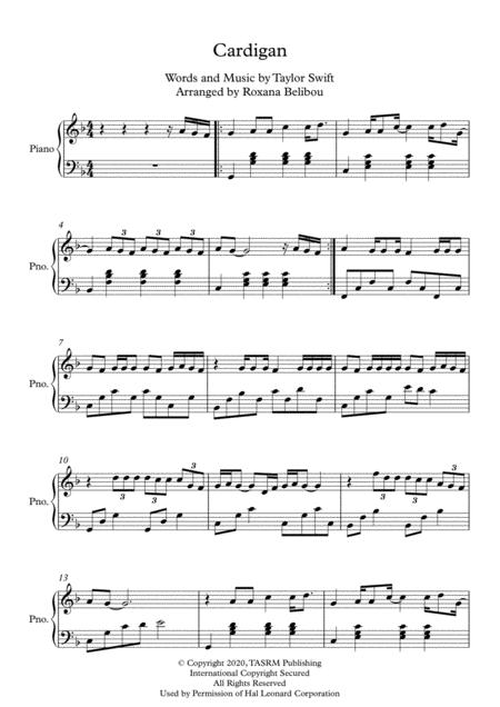 Cardigan F Major By Taylor Swift Piano Sheet Music