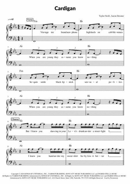 Cardigan Taylor Swift Piano Sheet Music