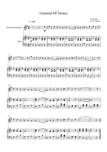 Carnival Of Venice Julius Benedict For Soprano Saxophone Piano Sheet Music