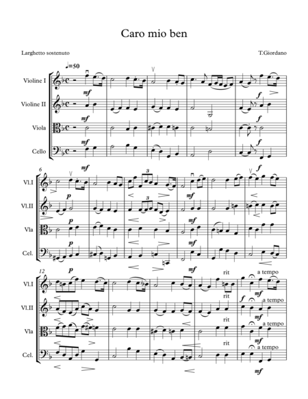 Free Sheet Music Caro Mio Ben For String Quartet