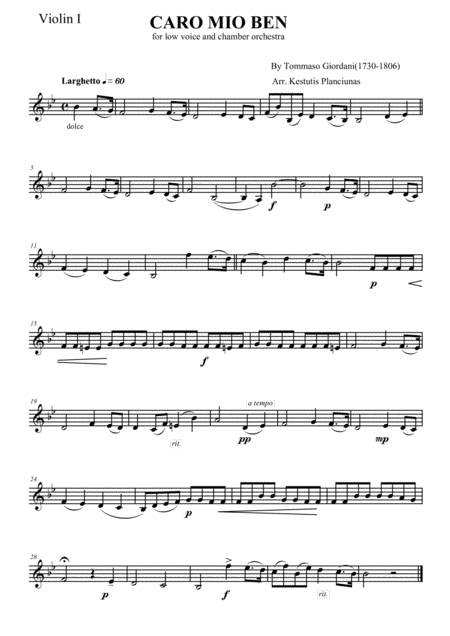 Free Sheet Music Caro Mio Ben For Voice And Chamber Orchestra