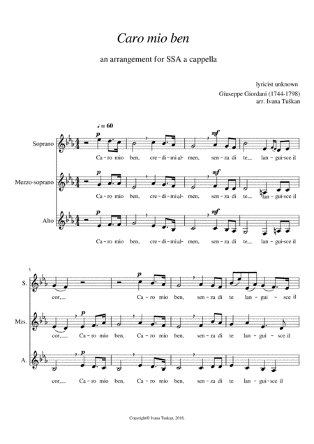 Free Sheet Music Caro Mio Ben Ssa E Flat Major