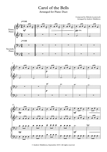 Carol Of The Bells Arranged For Piano Duet Sheet Music