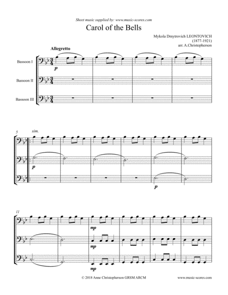 Free Sheet Music Carol Of The Bells Bassoon Trio