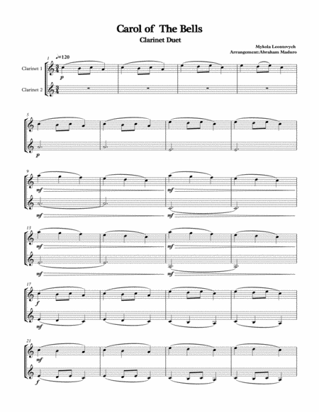 Free Sheet Music Carol Of The Bells Clarinet Duet