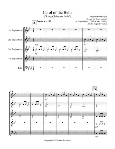 Carol Of The Bells F Min Brass Quintet 4 Euphoniums Treble Clef 1 Tuba Sheet Music