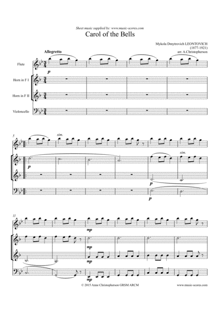 Free Sheet Music Carol Of The Bells Flute 2 French Horns Cello
