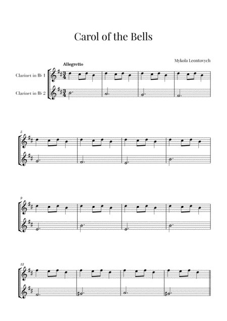 Free Sheet Music Carol Of The Bells For 2 Clarinets