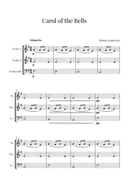 Free Sheet Music Carol Of The Bells For 2 Violins And Cello String Trio