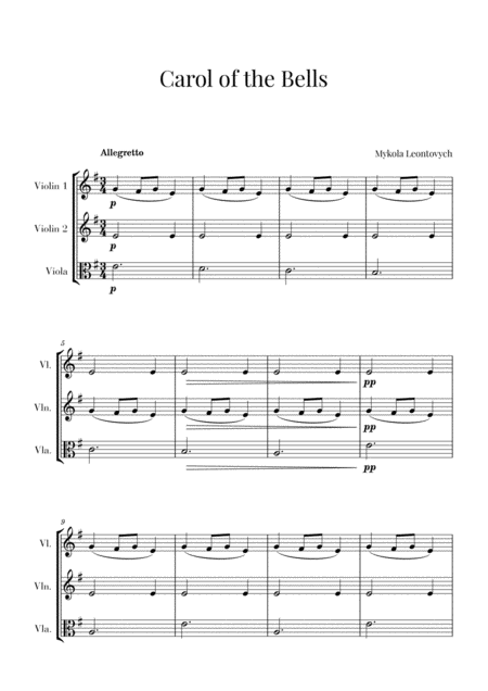 Free Sheet Music Carol Of The Bells For 2 Violins And Viola String Trio