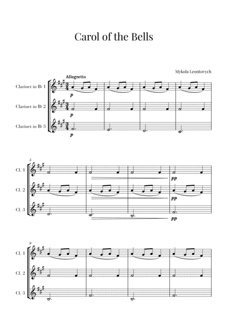 Free Sheet Music Carol Of The Bells For 3 Clarinets Clarinet Trio