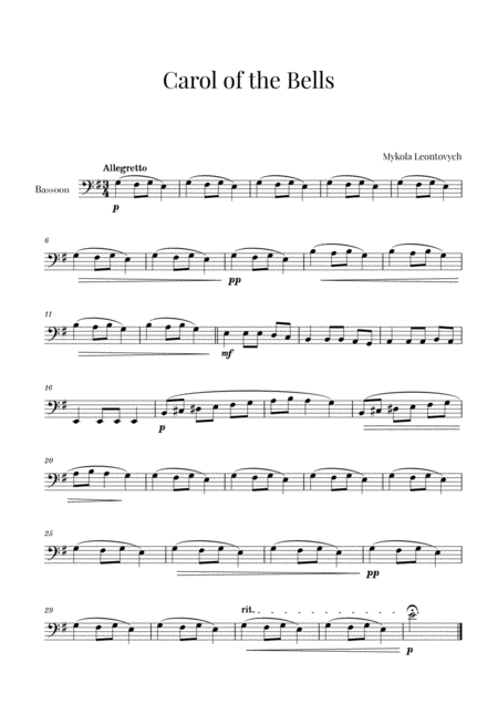 Free Sheet Music Carol Of The Bells For Bassoon