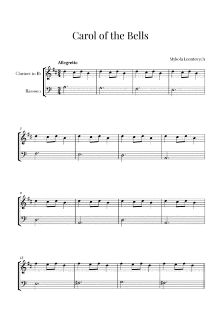 Free Sheet Music Carol Of The Bells For Clarinet And Bassoon