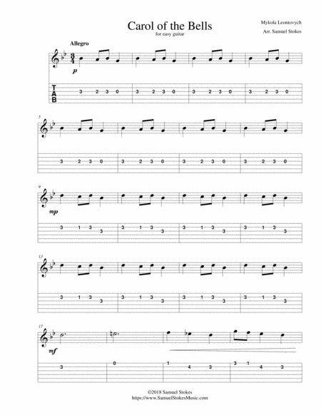 Free Sheet Music Carol Of The Bells For Easy Guitar With Tab