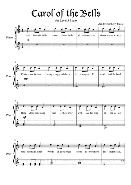 Free Sheet Music Carol Of The Bells For Level 3 Piano