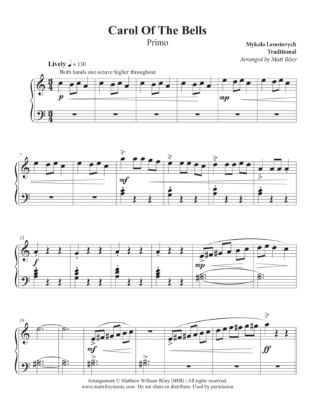 Free Sheet Music Carol Of The Bells One Piano Four Hands