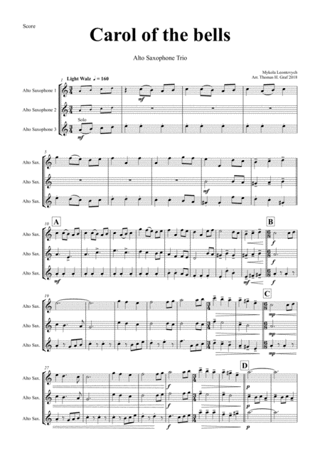 Carol Of The Bells Pentatonix Style Alto Saxophone Trio Sheet Music