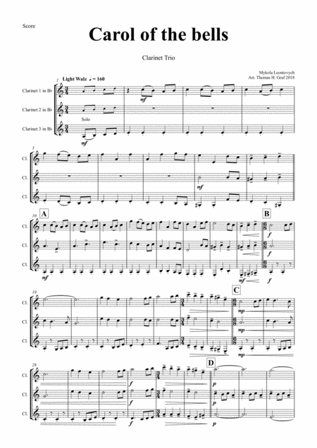Free Sheet Music Carol Of The Bells Pentatonix Style Clarinet Trio