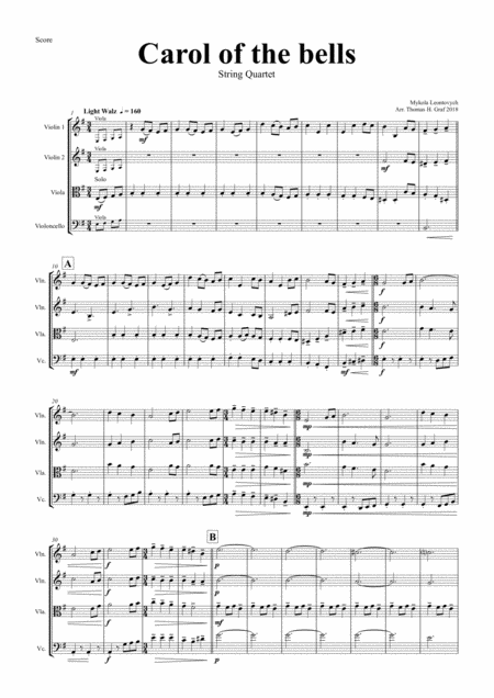 Carol Of The Bells Pentatonix Style String Quartet Sheet Music