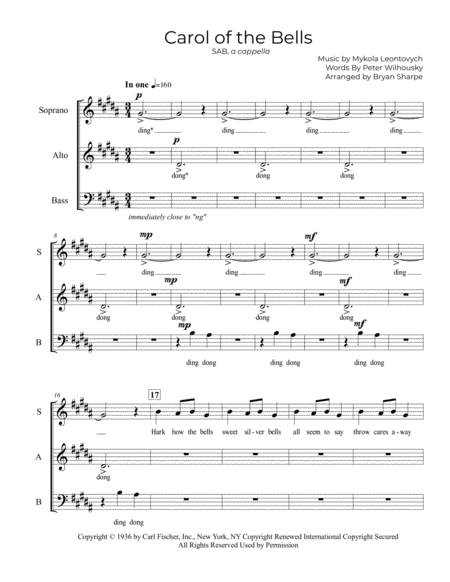 Free Sheet Music Carol Of The Bells Sab A Cappella