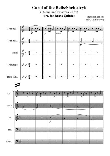 Free Sheet Music Carol Of The Bells Shchedryk Ukrainian Christmas Carol Arr For Brass Quintet