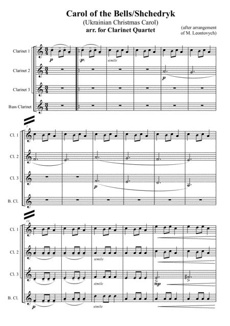 Free Sheet Music Carol Of The Bells Shchedryk Ukrainian Christmas Carol Arr For Clarinet Quartet