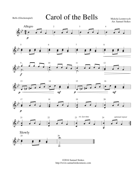 Carol Of The Bells Solo Glockenspiel Bell Set Sheet Music