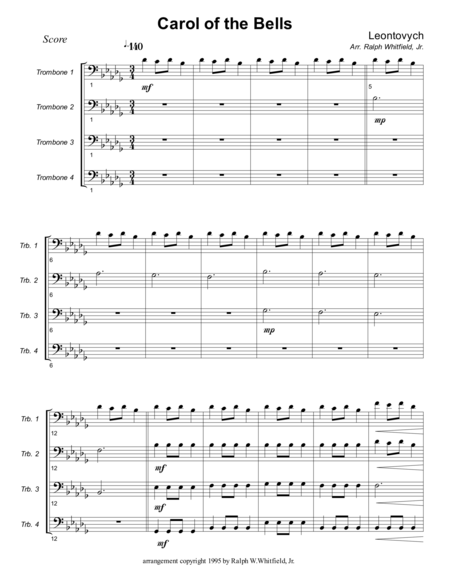 Free Sheet Music Carol Of The Bells Trombone Quartet Choir