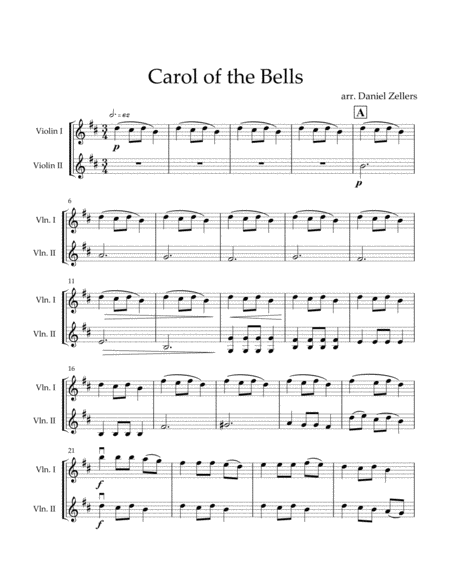 Carol Of The Bells Unaccompanied Violin Duet Sheet Music