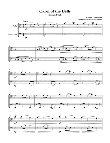 Carol Of The Bells Viola And Cello Duet Sheet Music