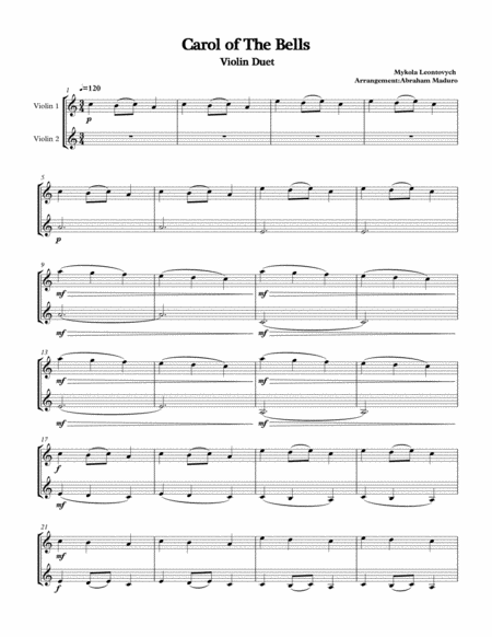 Carol Of The Bells Violin Duet Sheet Music