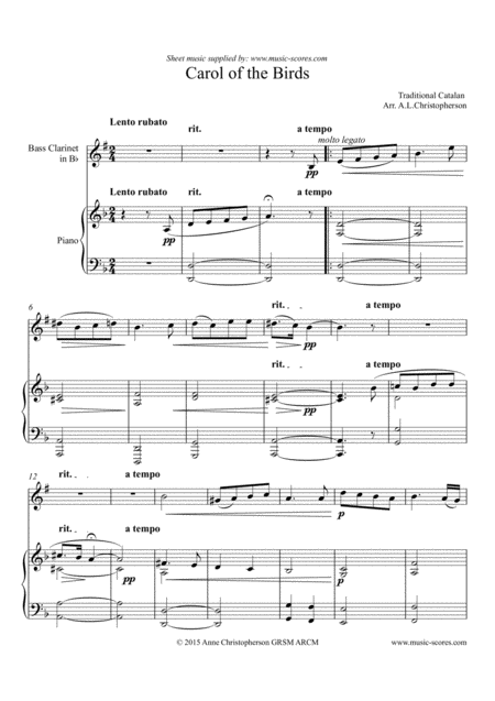 Free Sheet Music Carol Of The Birds Bass Clarinet And Piano