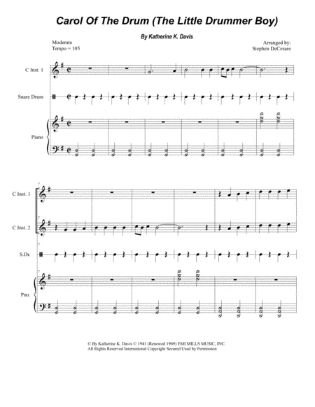 Carol Of The Drum The Little Drummer Boy Duet For C Instruments Sheet Music