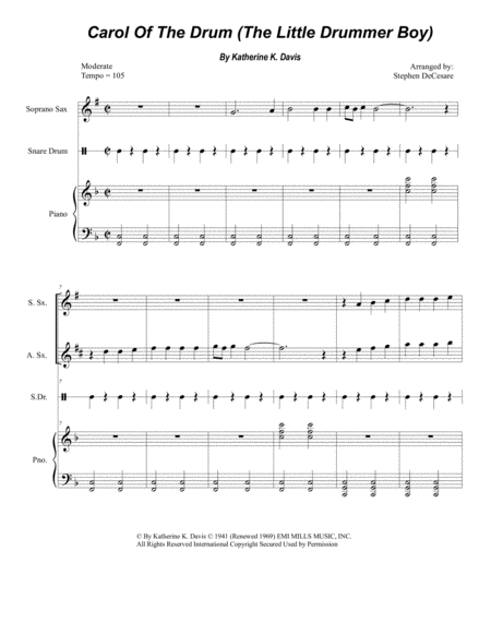 Free Sheet Music Carol Of The Drum The Little Drummer Boy Duet For Soprano Alto Saxophone