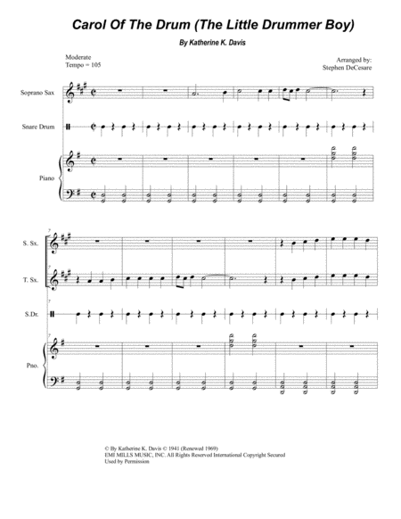 Carol Of The Drum The Little Drummer Boy Duet For Soprano Tenor Saxophone Sheet Music