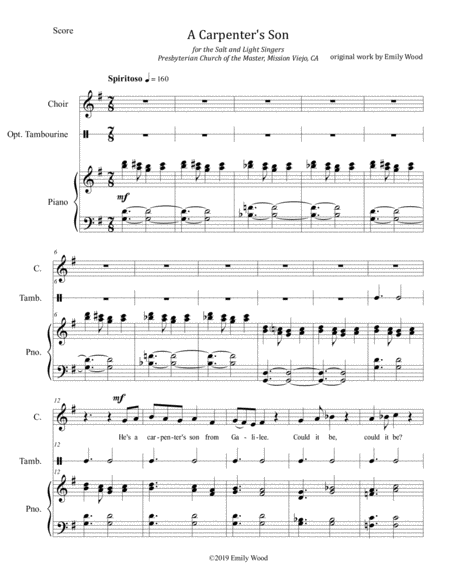 Carpenters Son Childrens Unison Choir Piano Opt Tambourine Sheet Music