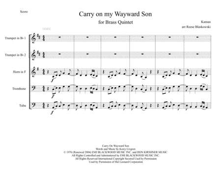 Carry On Wayward Son Brass Quintet Sheet Music